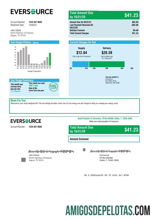 imprimível Modelo de fatura de serviços públicos de gás Eversource dos EUA em formato Word e PDF, bom para comprovação de endereço